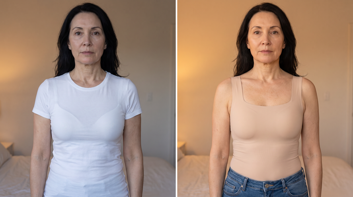 Bra under a t-shirt compared with the beige tank