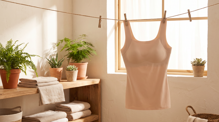 Beige tank drying on a clothesline