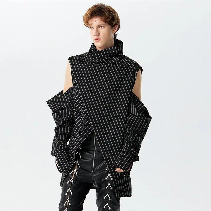 Asymmetric Pinstripe Wrap Jacket