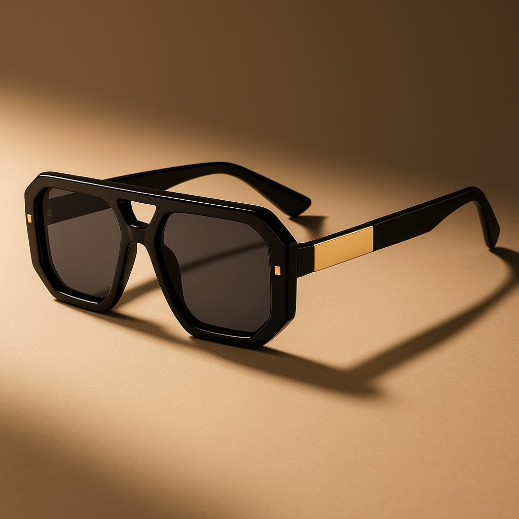 Black sunglasses with gold accents on a brown background