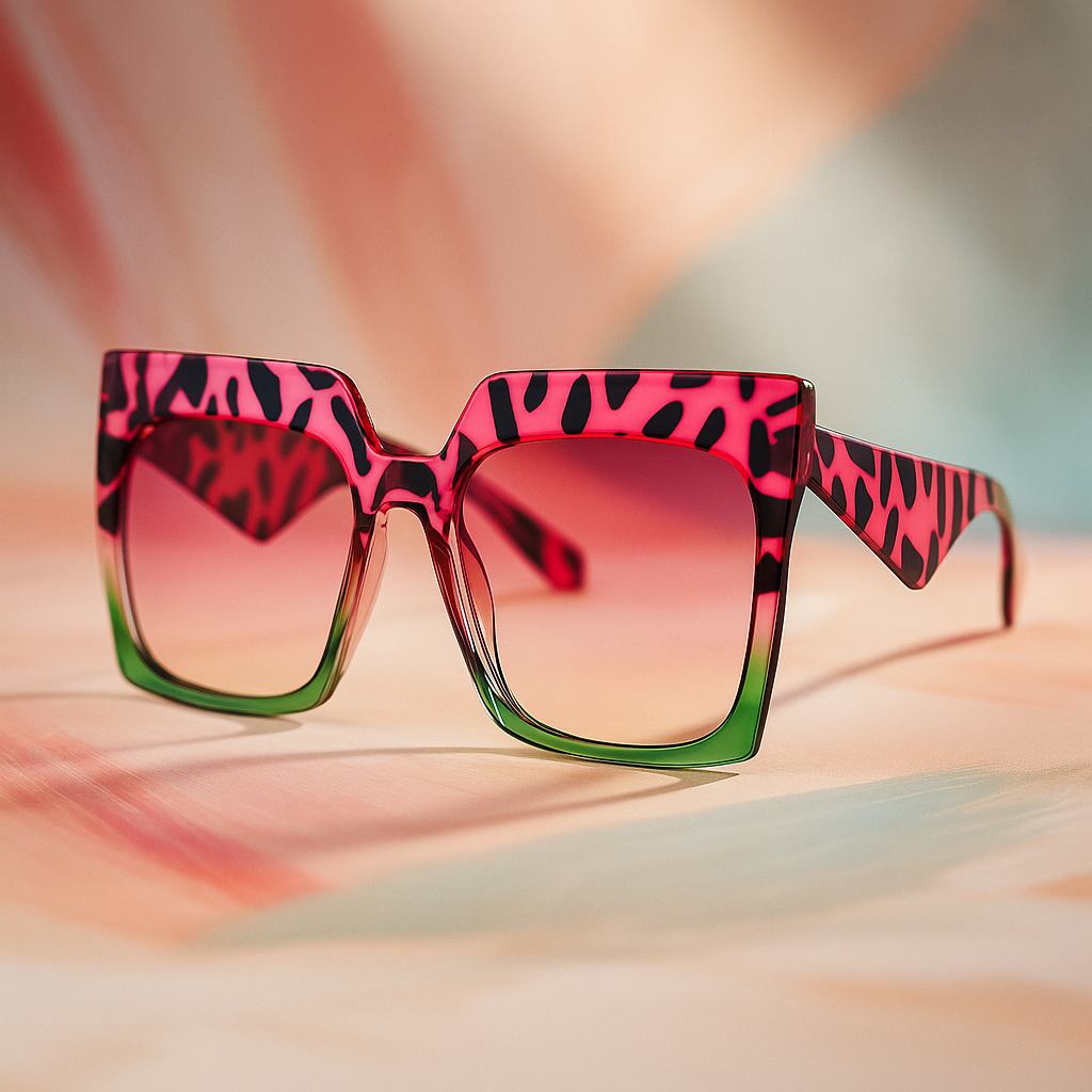 Sunglasses with pink and black zebra pattern on a blurred background