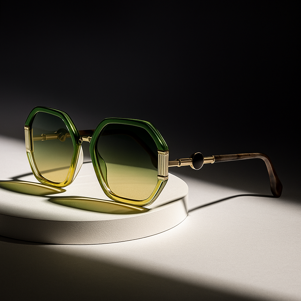 Green and gold sunglasses on a white platform with a dark background