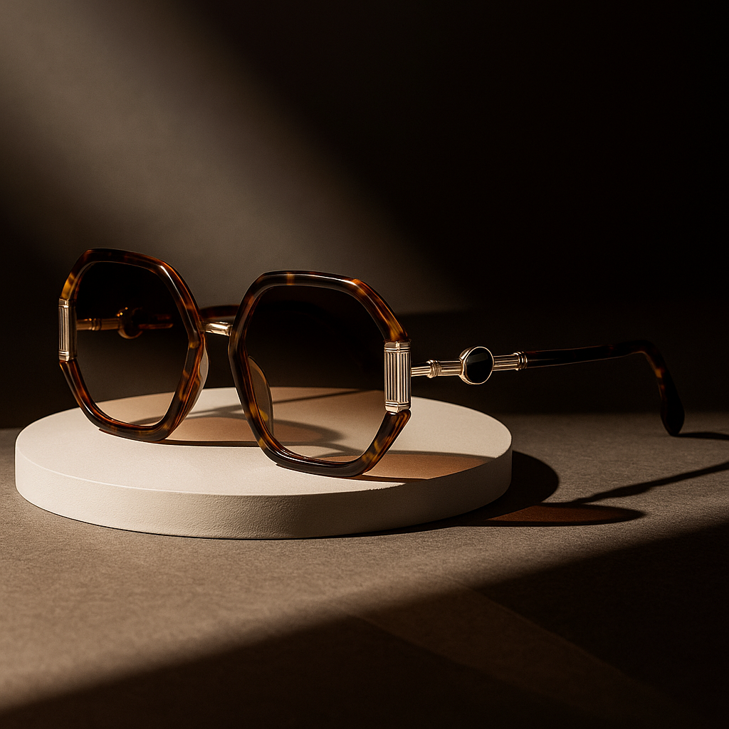 Sunglasses with tortoiseshell frame and dark lenses on a white stand against a dark background