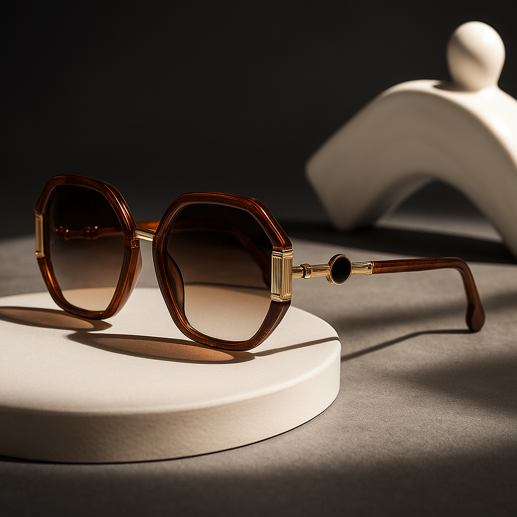 Brown sunglasses with gold accents on a white stand against a dark background