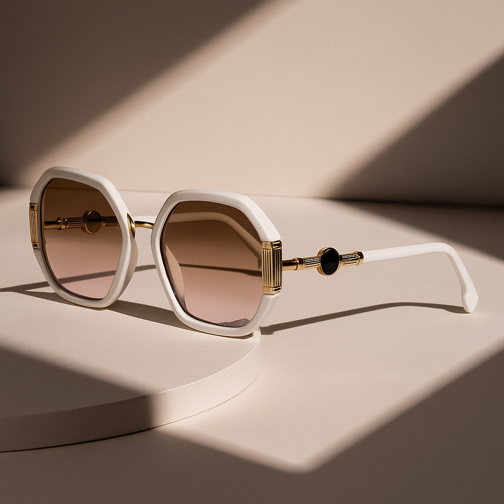 Sunglasses with white frame and gold accents on a beige surface