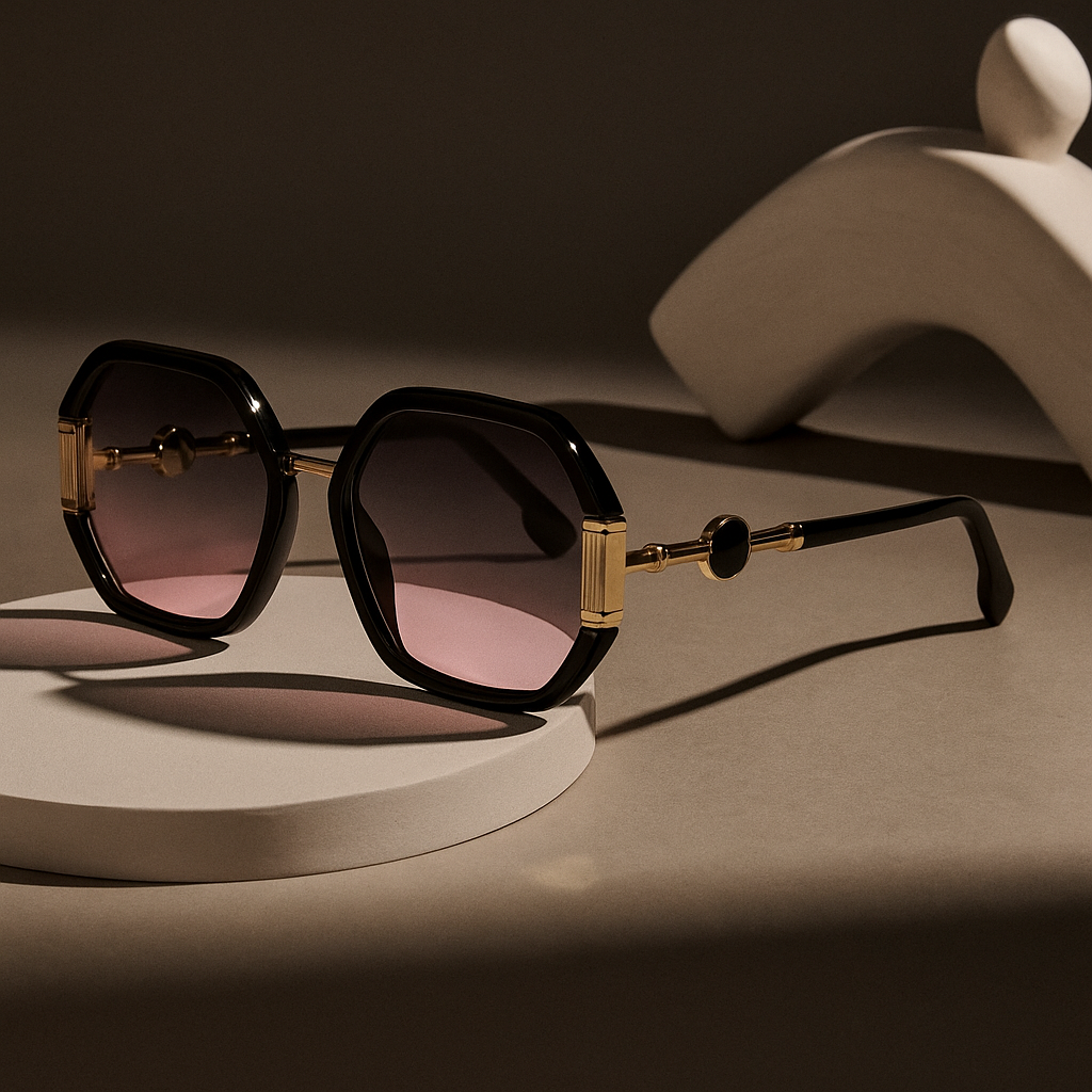 Sunglasses with black frames and pink lenses on a beige surface with a dark background