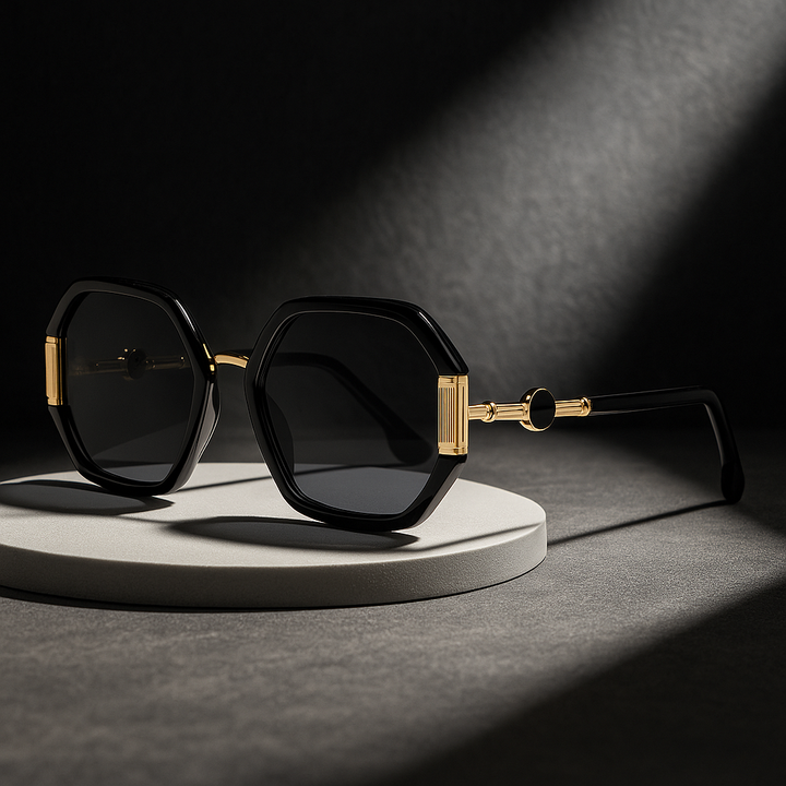 Black sunglasses with gold accents on a dark background