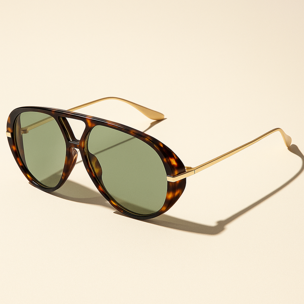 Aviator sunglasses with tortoiseshell frame and gold accents on a beige background