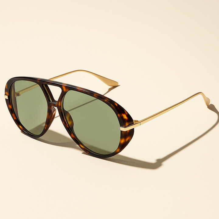 Aviator sunglasses with tortoiseshell frame and gold accents on a beige background