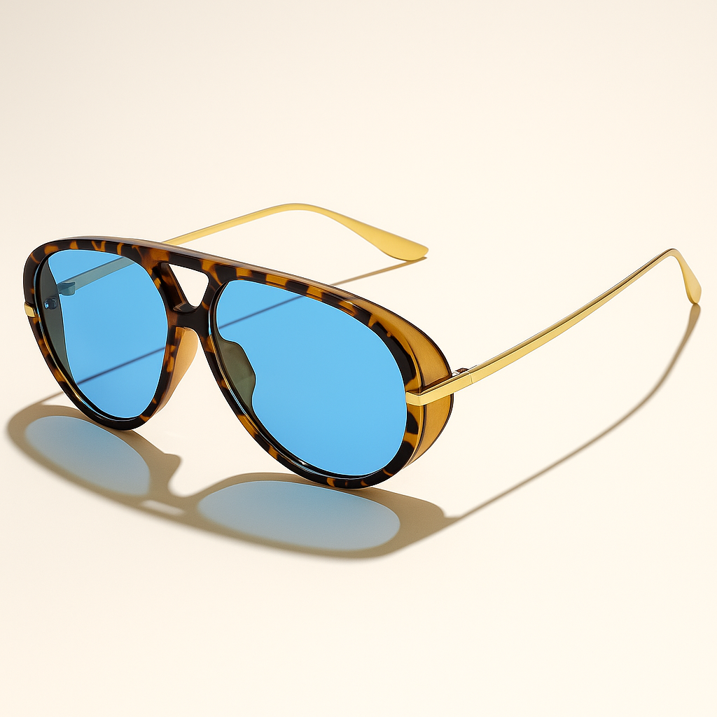 Aviator sunglasses with tortoiseshell frame and blue lenses on a beige background