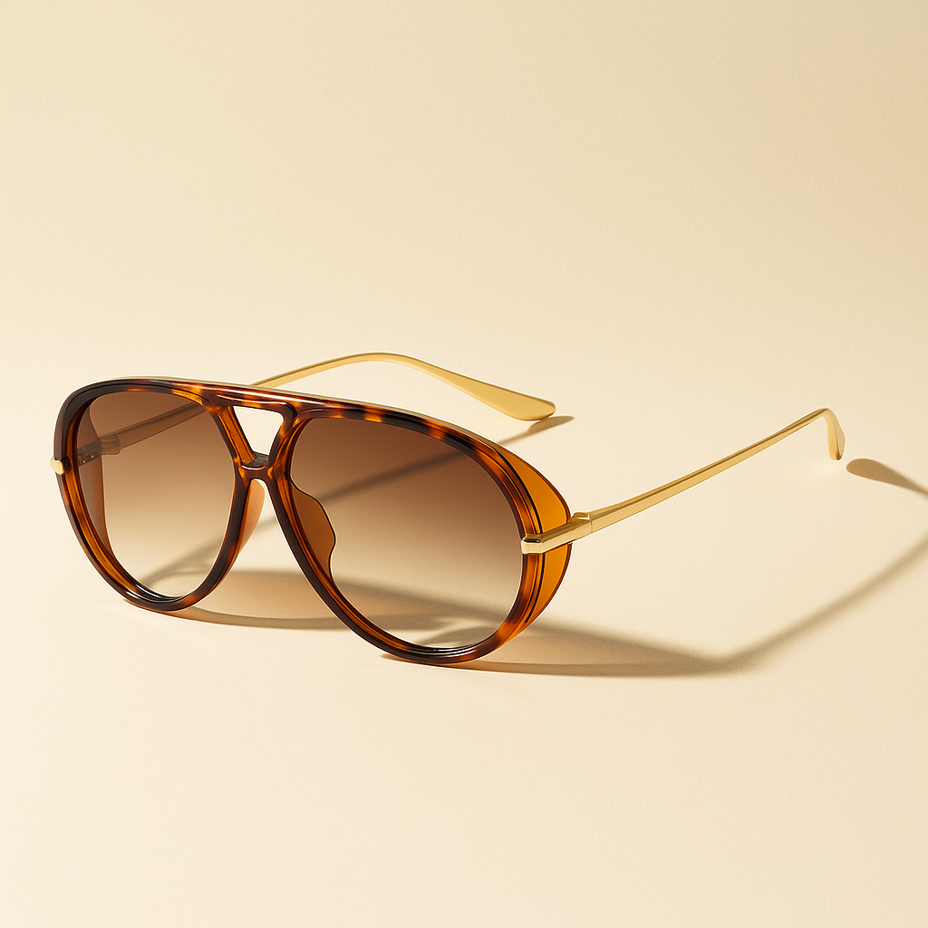 Sunglasses with tortoiseshell frame and brown lenses on a beige background