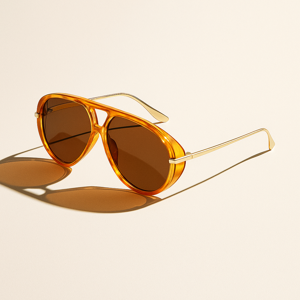 Orange sunglasses with gold frames on a beige background