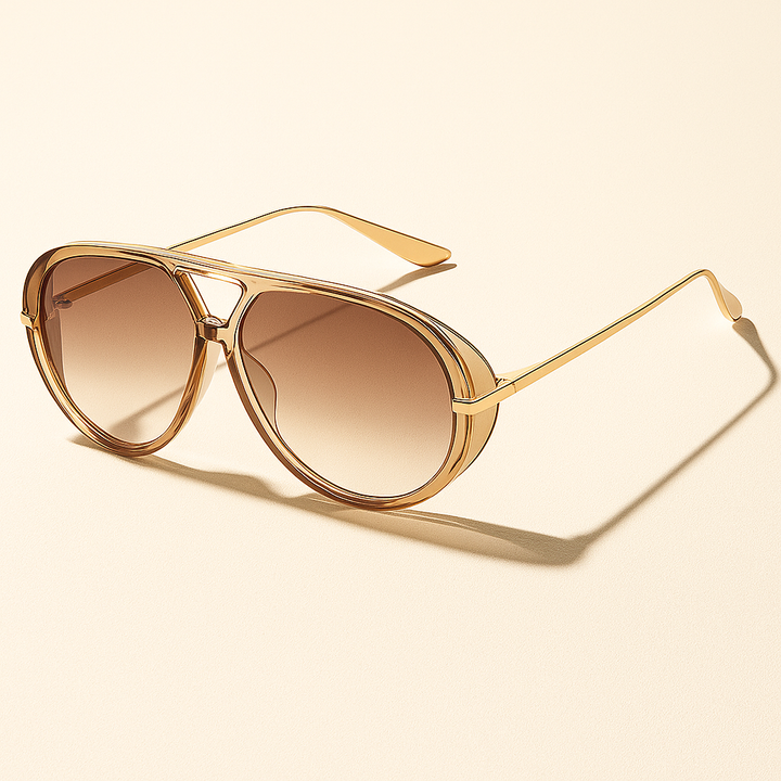 Gold-framed sunglasses with brown lenses on a beige background