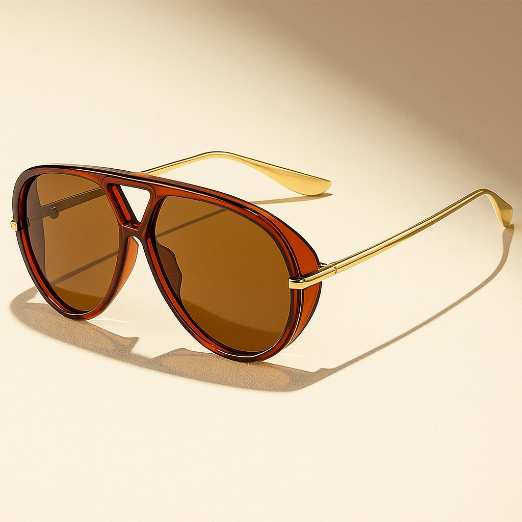 Aviator sunglasses with brown lenses and gold frames on a beige background