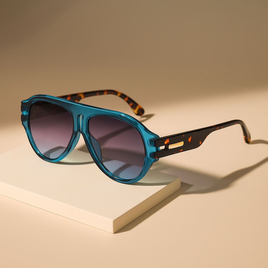 Sunglasses with blue frame and tortoiseshell arms on a beige surface