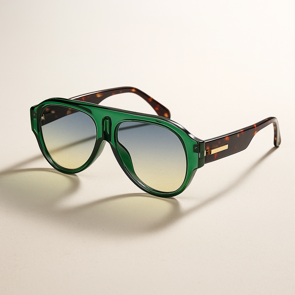 Sunglasses with green gradient lenses and tortoiseshell frame on a beige background