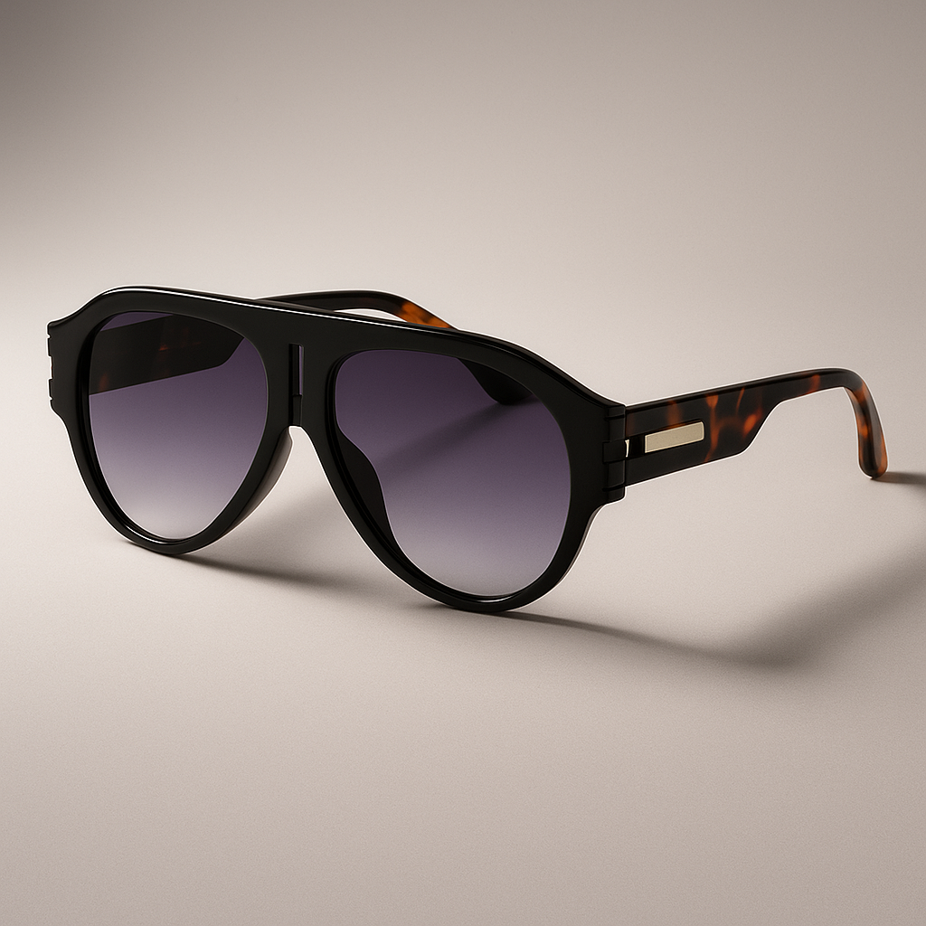 Sunglasses with black frame and tortoiseshell accents on a beige background