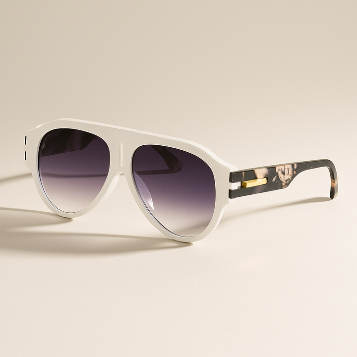 White sunglasses with gradient lenses on a beige background