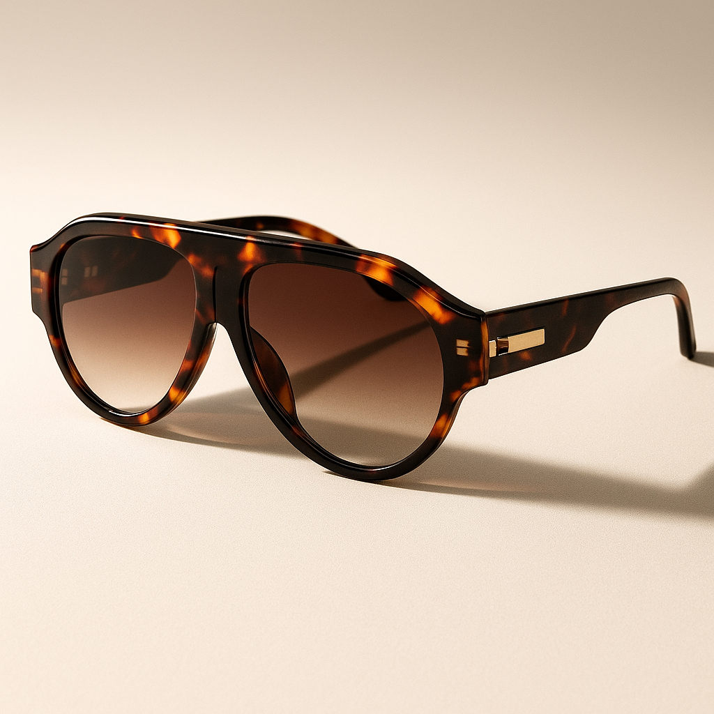 Sunglasses with tortoiseshell frame and brown gradient lenses on a beige background