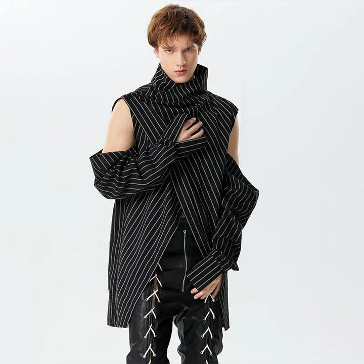 Asymmetric Pinstripe Wrap Jacket