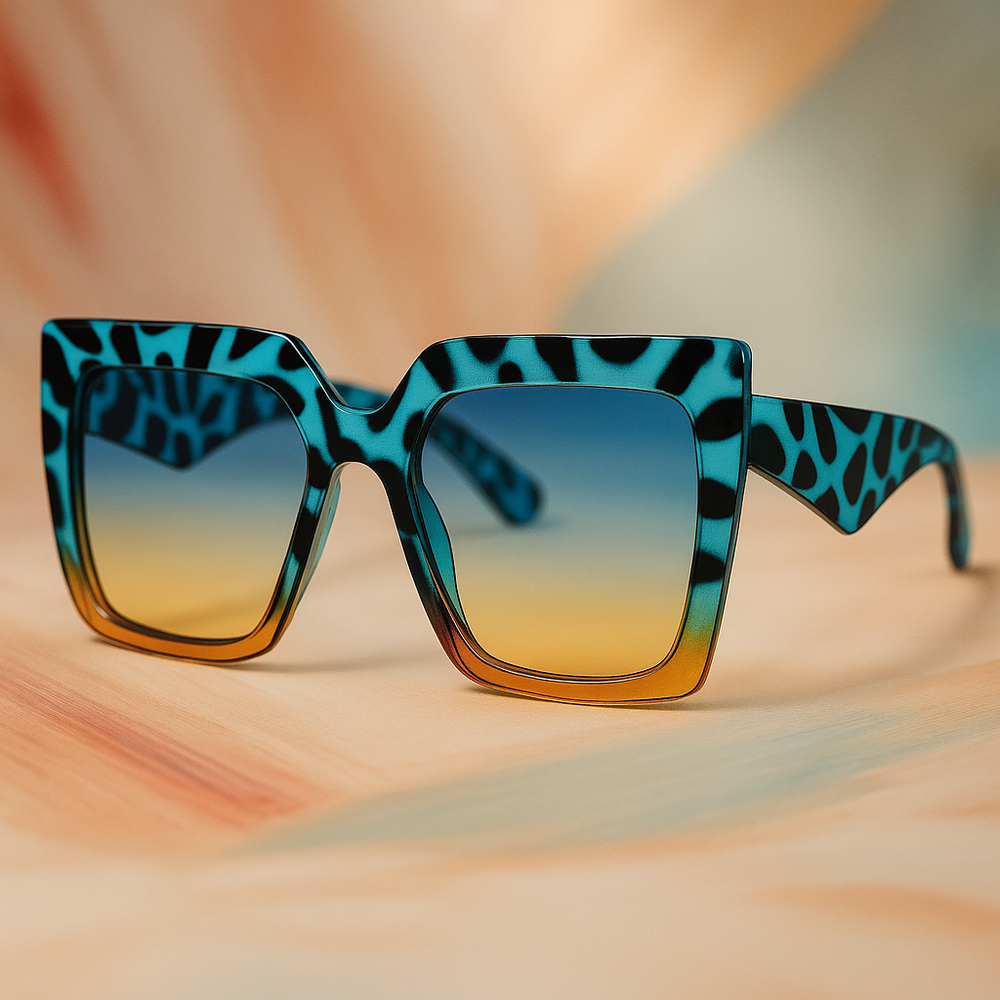 Sunglasses with blue and black zebra pattern on a blurred background