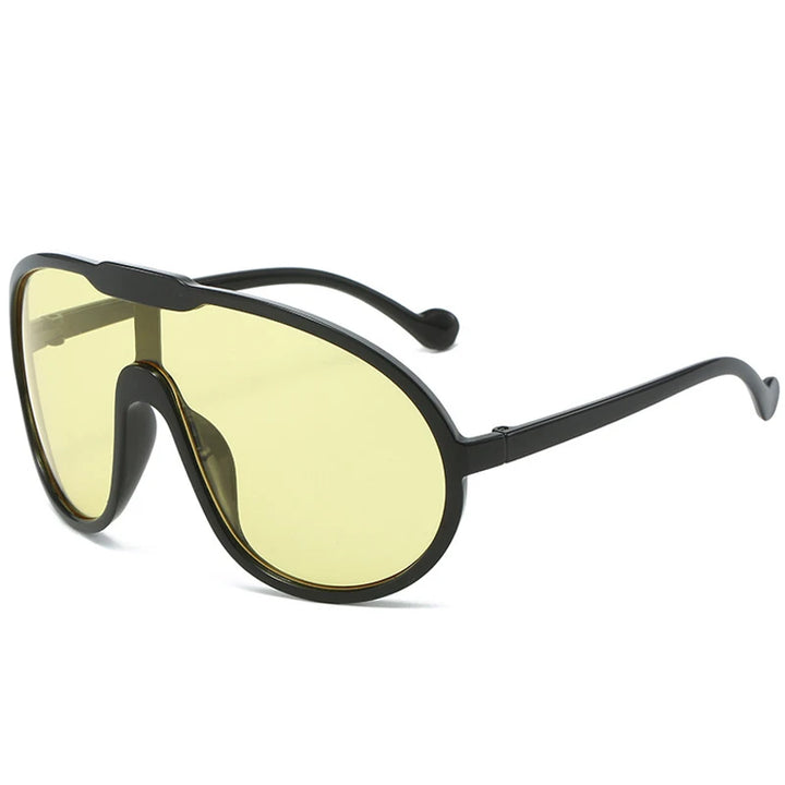 Sunglasses with yellow lenses and black frames on a white background
