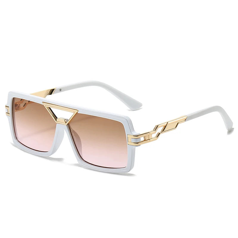 Sunglasses with white frame and gold accents on a white background