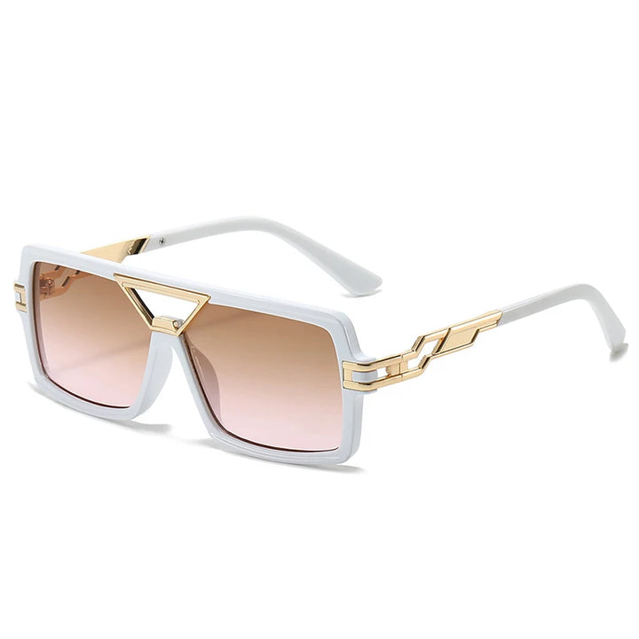 Sunglasses with white frame and gold accents on a white background
