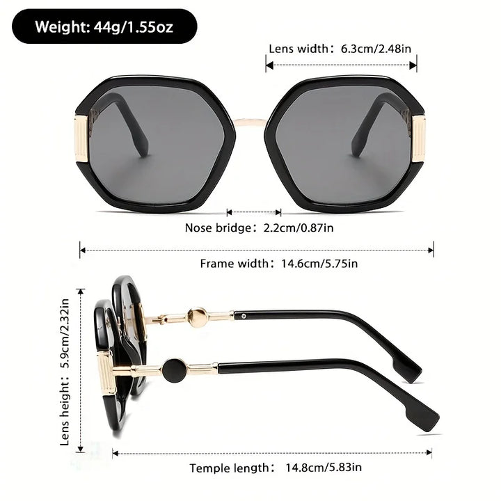 Black sunglasses with gold accents and measurements on a white background