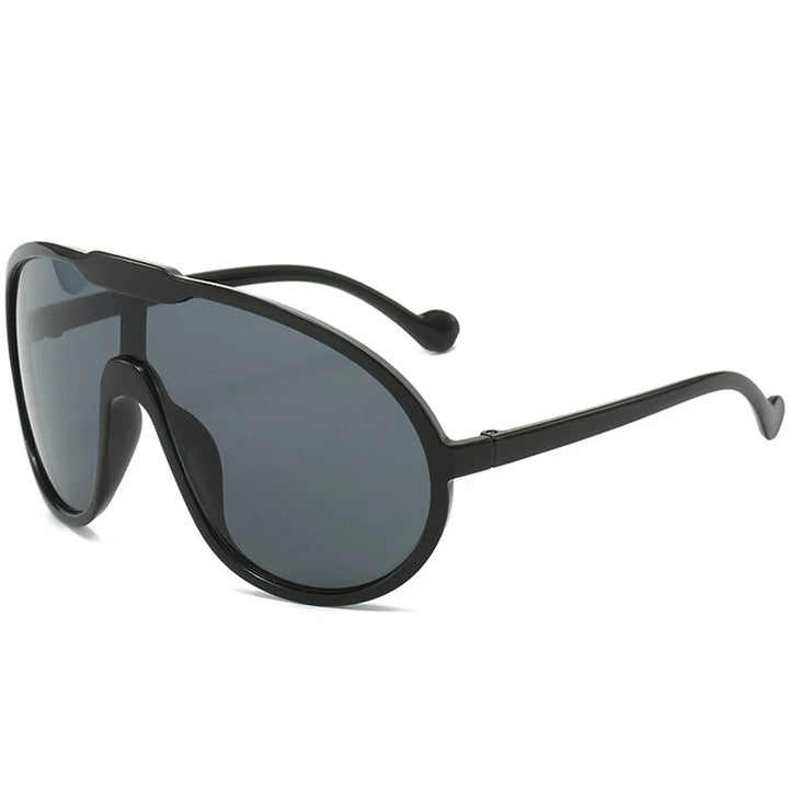 Black sunglasses with a shield design on a white background