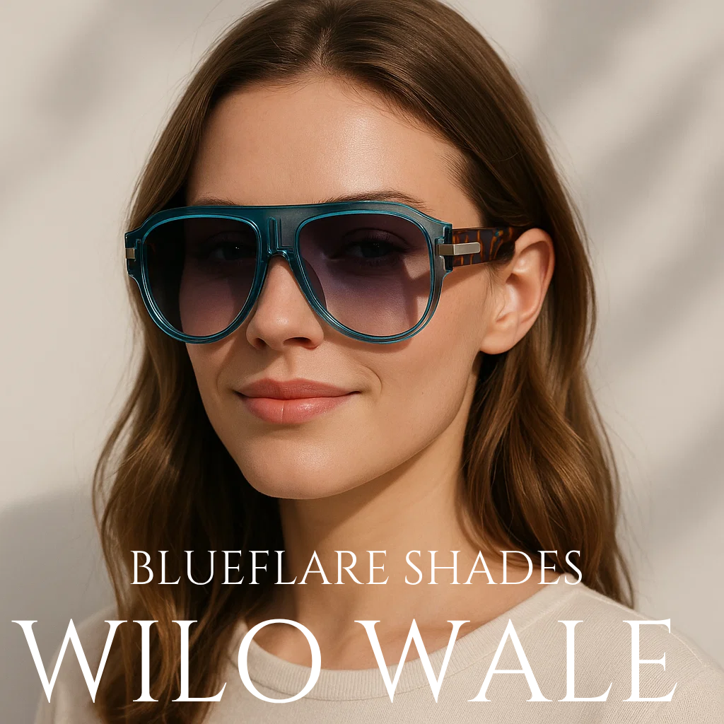 Woman wearing blue sunglasses with 'Blueflare Shades' and 'Wilo Wale' text on a neutral background