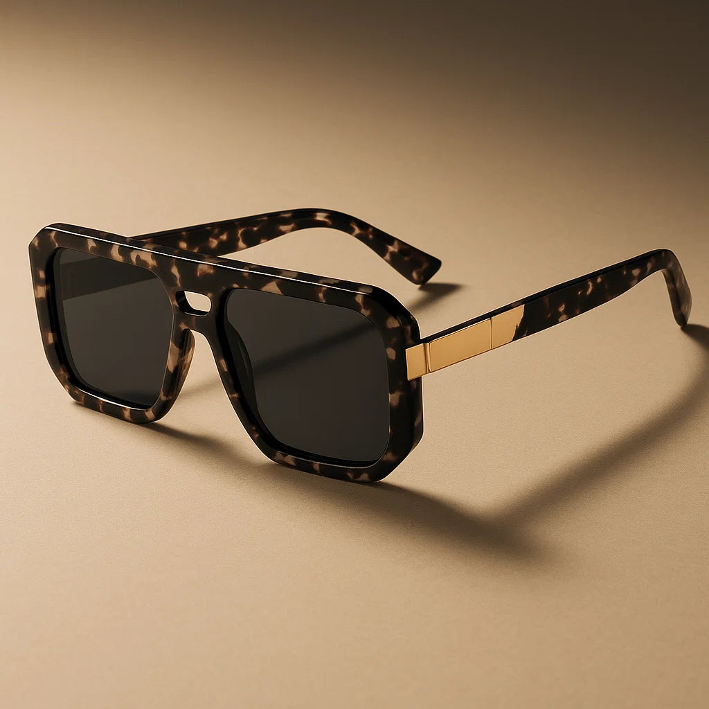 Sunglasses with tortoiseshell frame and dark lenses on a beige background