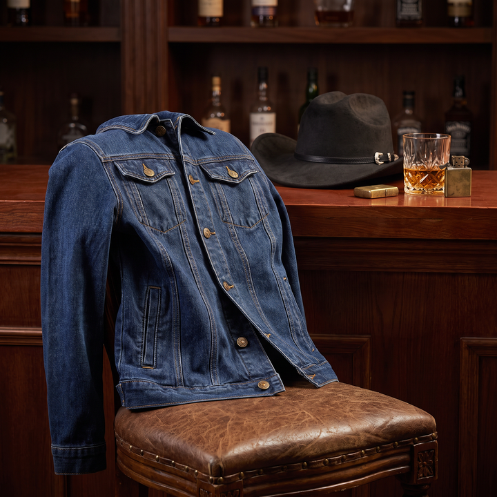 The Whiskey Jacket on a leather bar stool with The Whiskey Hat on a mahogany bar beside a glass of bourbon
