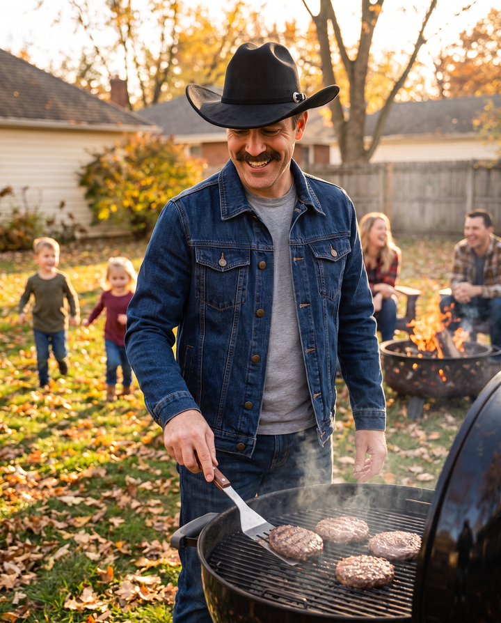 Dad in The Whiskey Jacket and The Whiskey Hat grilling at a backyard barbecue