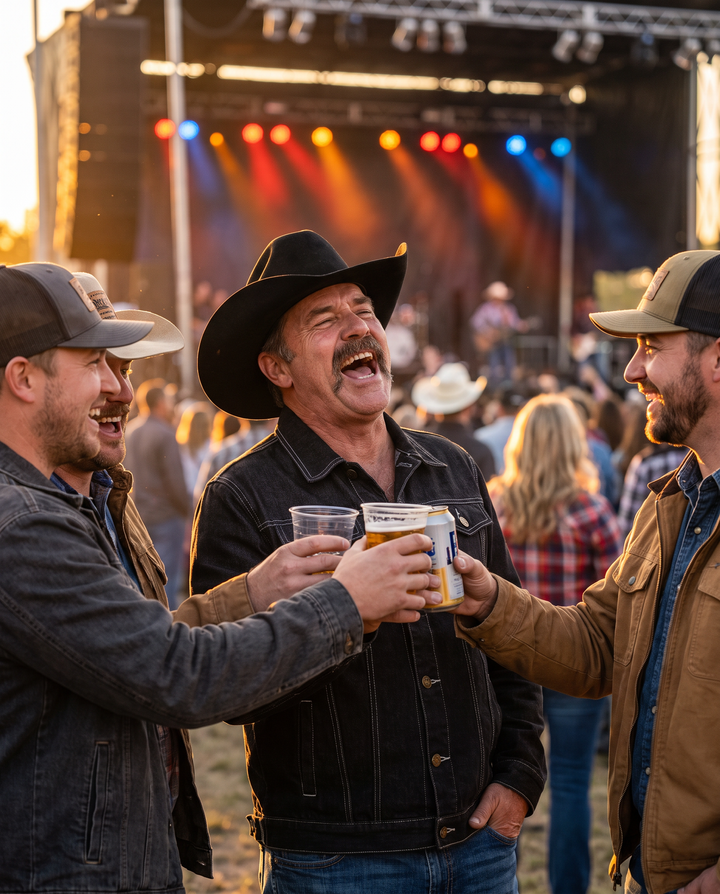 Dad in The Whiskey Jacket in black and The Whiskey Hat at a country music festival with friends