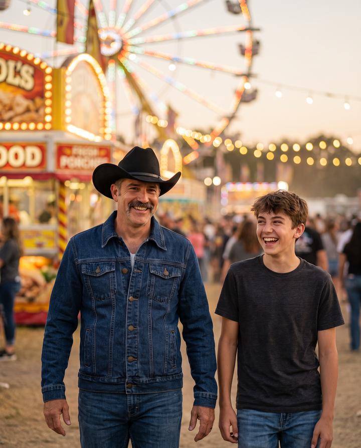Dad in The Whiskey Jacket and The Whiskey Hat at a county fair with his teenage son