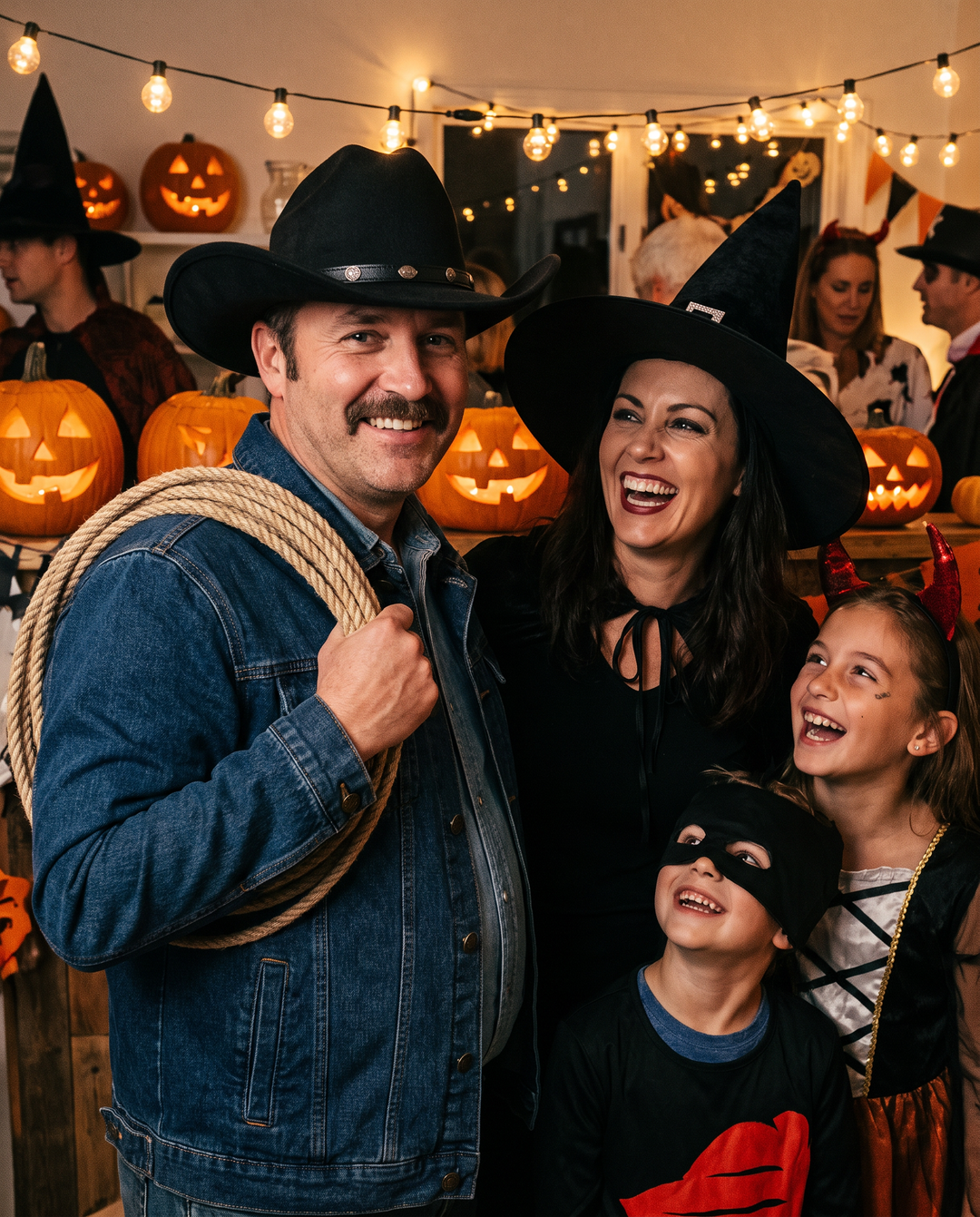 Dad wearing The Whiskey Jacket and The Whiskey Hat as his Halloween costume with his family