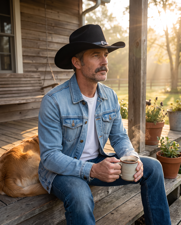 Dad in The Whiskey Jacket in sky blue and The Whiskey Hat with coffee on a farmhouse porch