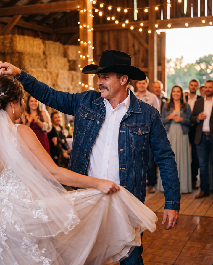 Dad in The Whiskey Jacket and The Whiskey Hat dancing with the bride at a barn wedding