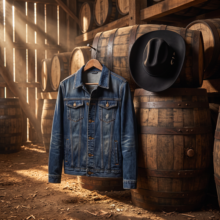 The Whiskey Jacket hanging on oak whiskey barrels with The Whiskey Hat in a sunlit distillery