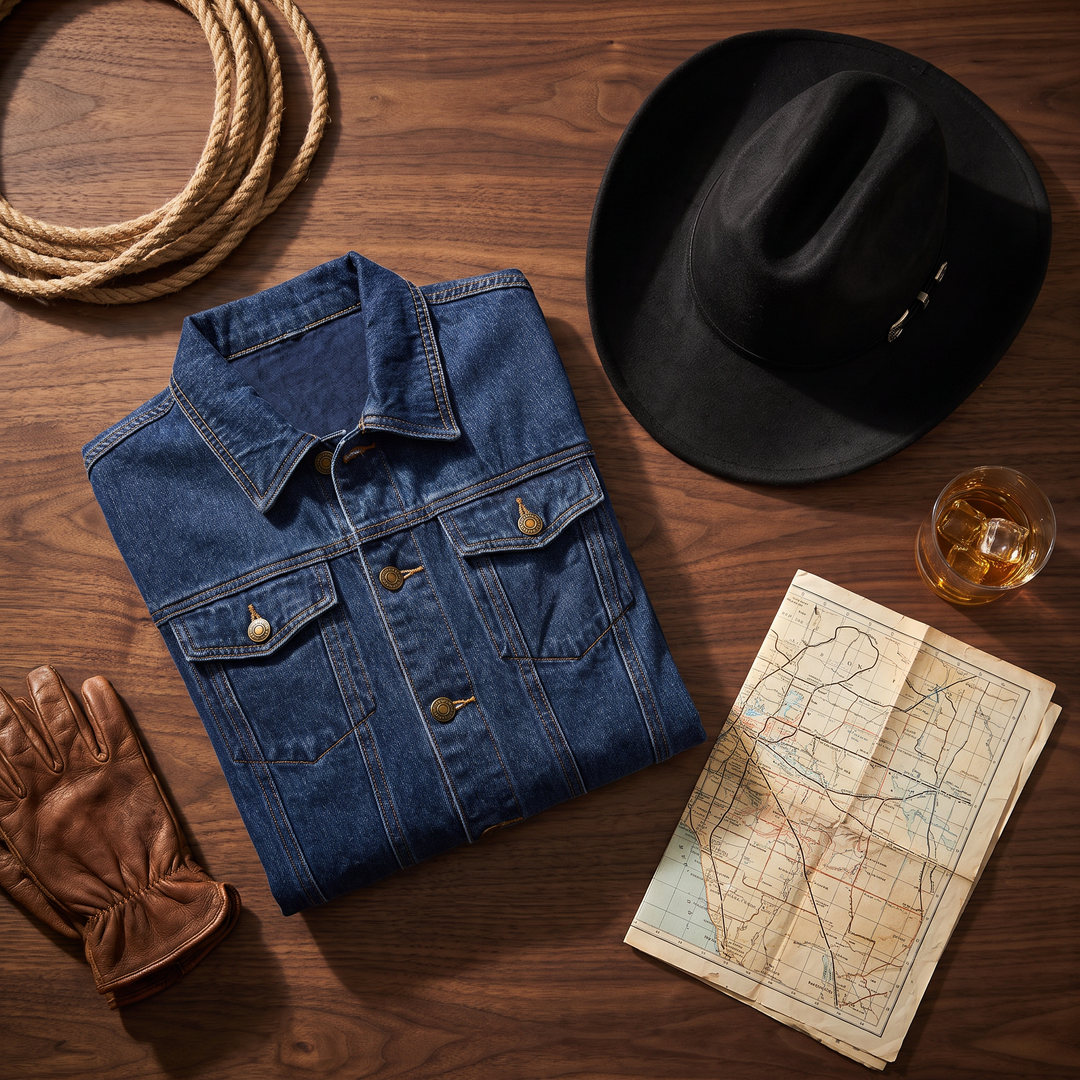 The Whiskey Jacket folded beside The Whiskey Hat, a coiled rope, leather gloves and a road map