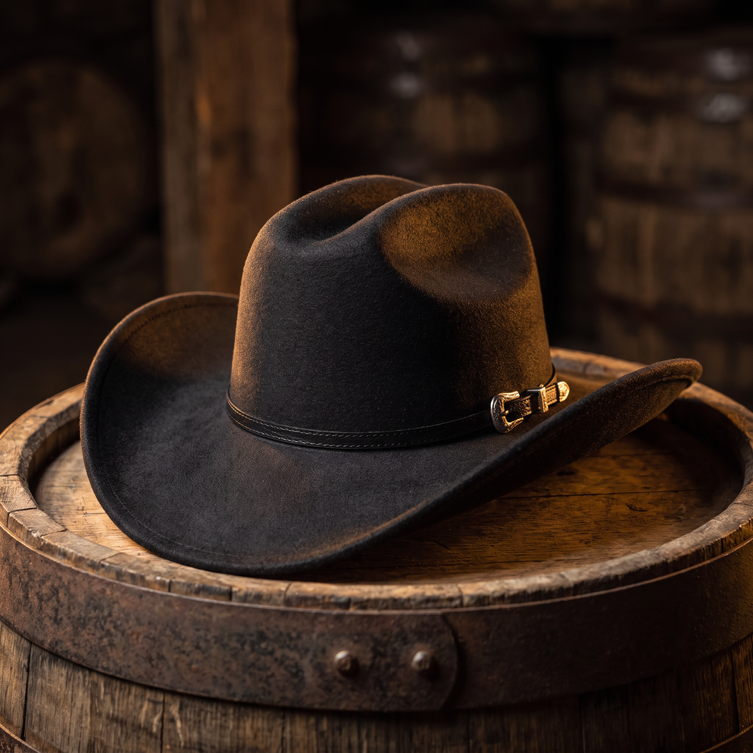 The Whiskey Hat resting on a whiskey barrel, showing its buckled band