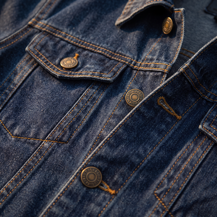 Close-up of The Whiskey Jacket's brass-tone buttons, flap pocket and contrast stitching