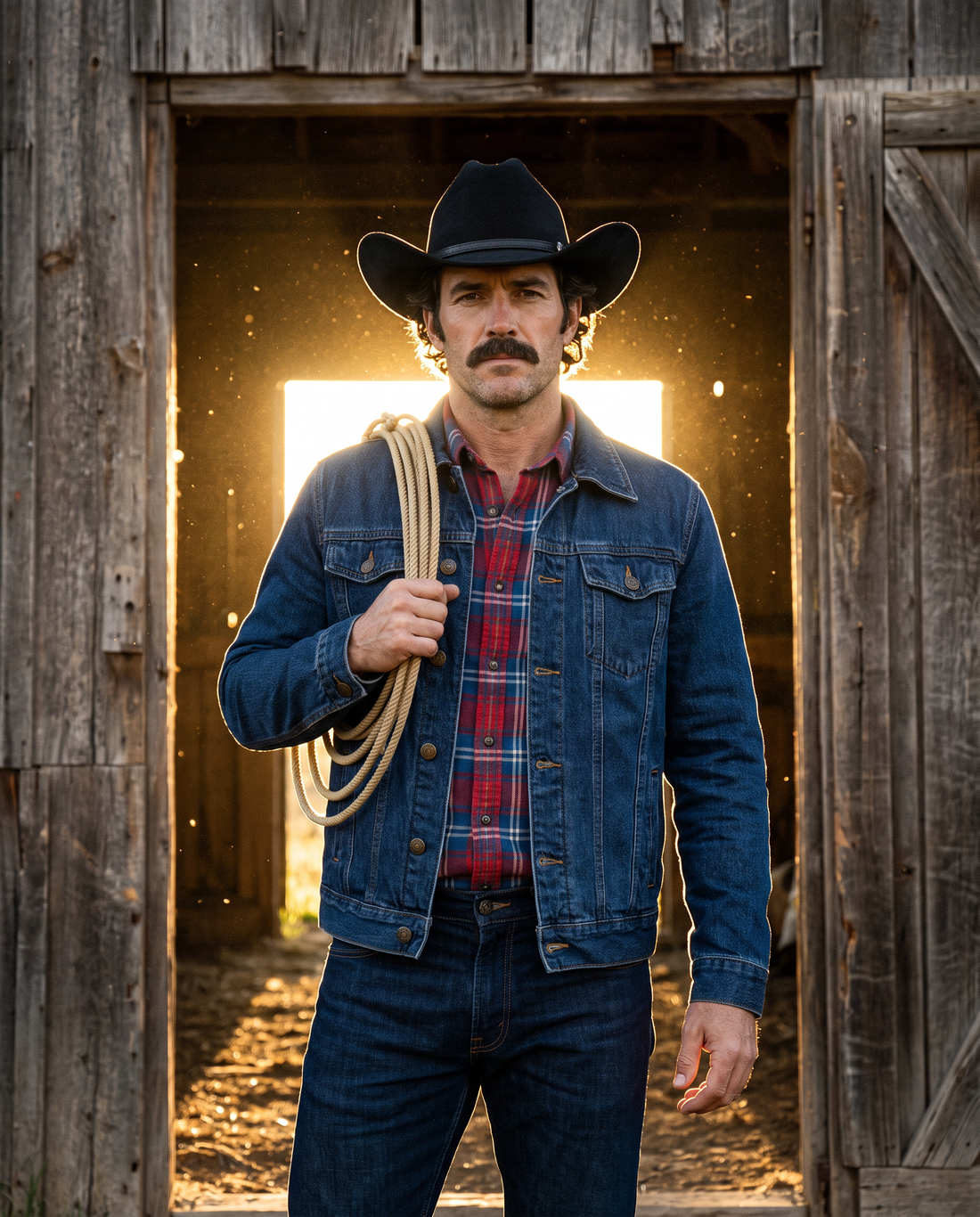 Man in The Whiskey Jacket and The Whiskey Hat with a coiled rope over his shoulder in a barn doorway