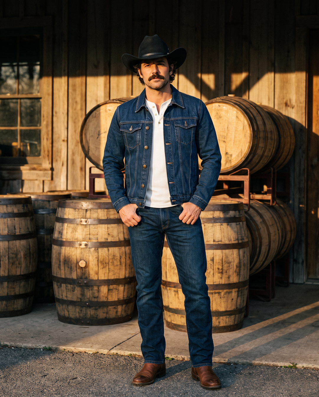 Man wearing The Whiskey Jacket in dark blue and The Whiskey Hat outside a bourbon distillery