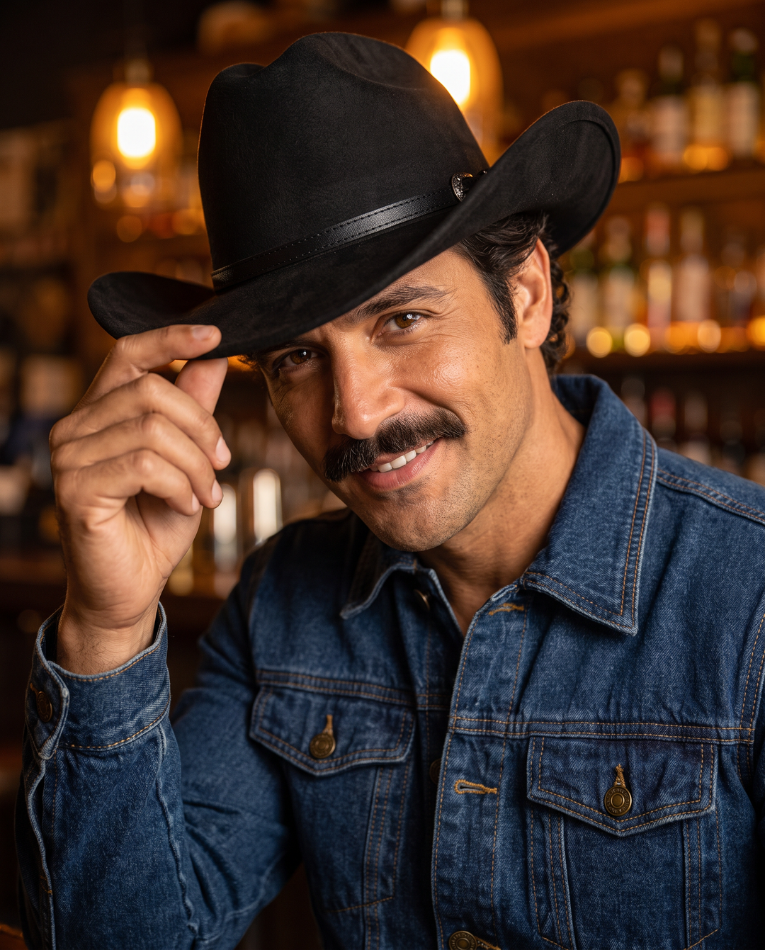 Man tipping The Whiskey Hat, wearing The Whiskey Jacket in dark blue