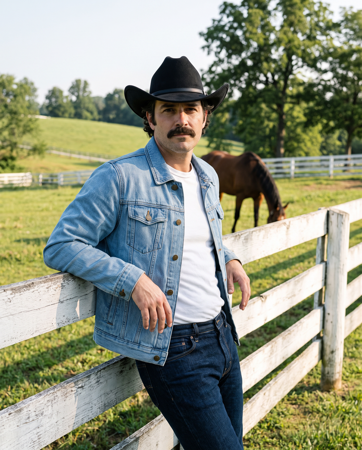 Man wearing The Whiskey Jacket in sky blue and The Whiskey Hat by a horse farm fence