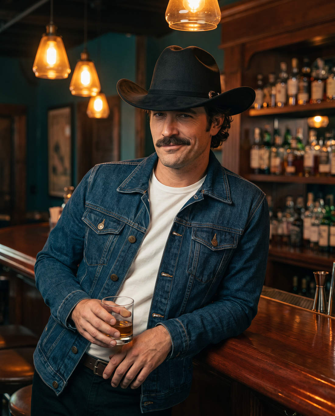Man in The Whiskey Jacket and The Whiskey Hat leaning on a bar with a glass of bourbon