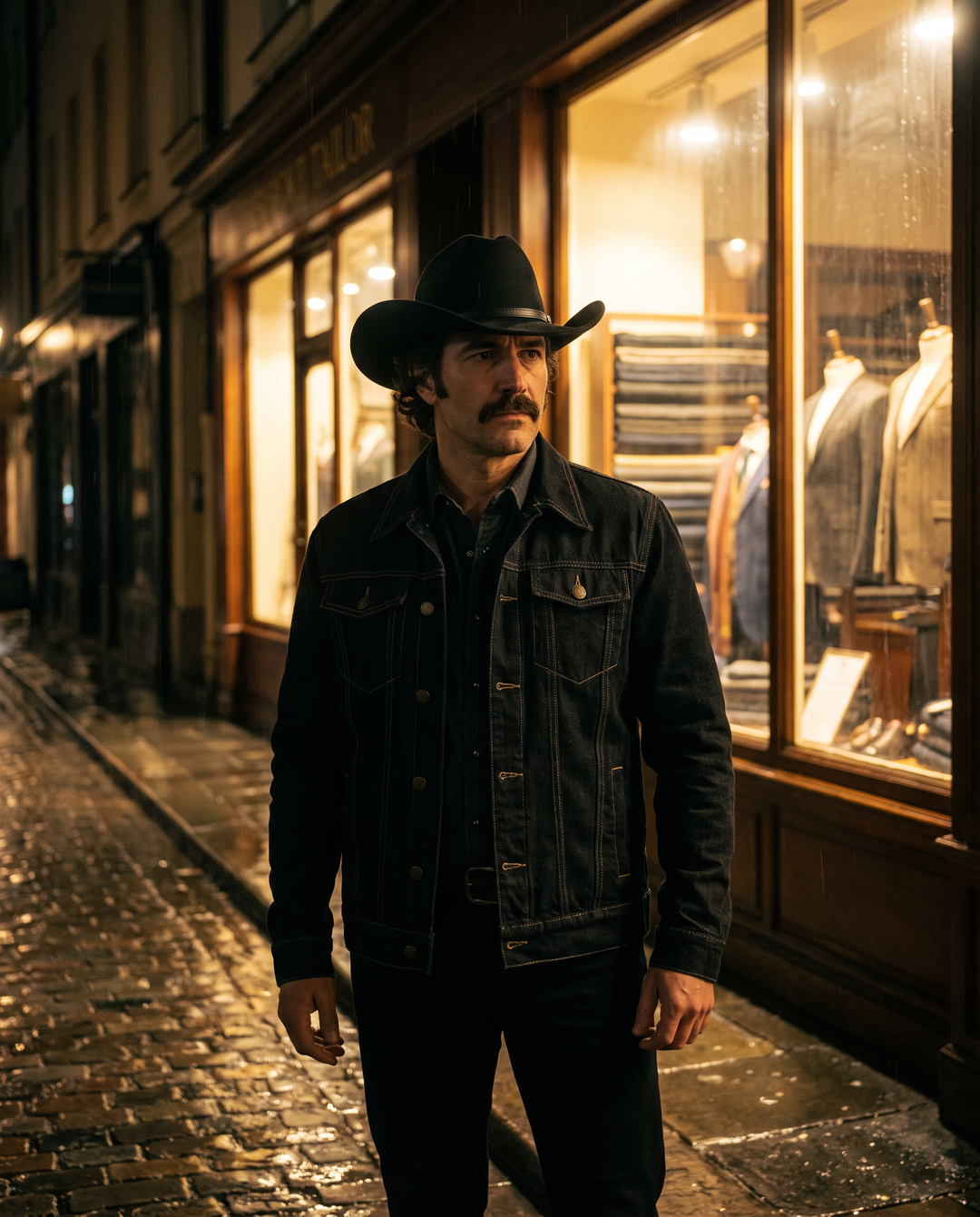 Man wearing The Whiskey Jacket in black and The Whiskey Hat on a rainy street at night