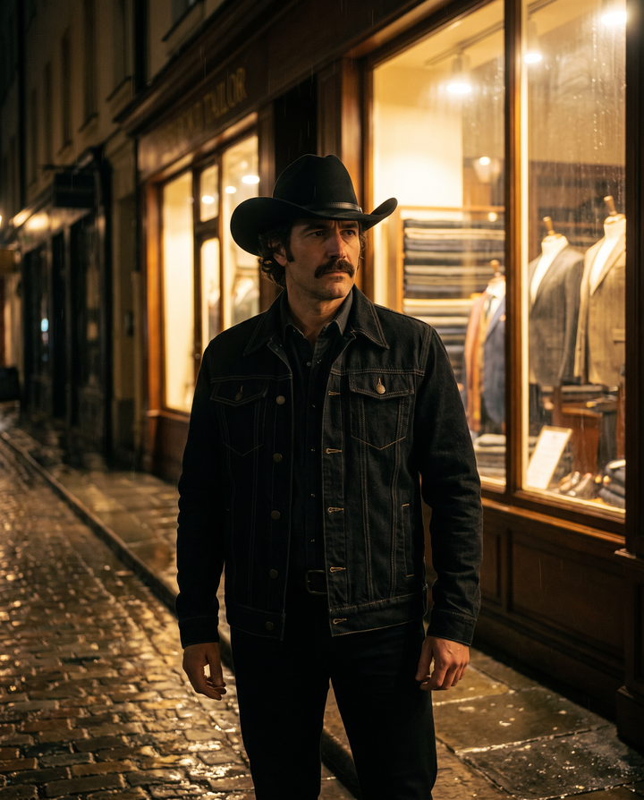 Man wearing The Whiskey Jacket in black and The Whiskey Hat on a rainy street at night